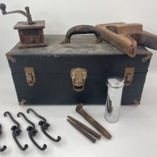 Lot # 83 - Antique Doctors contraption box, cast iron hanging monkey hooks, small grinder & more!