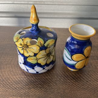 Lot #78 - Vintage Floral Hand Painted Blue and Yellow Toothbrush Holder and Vase