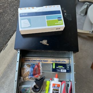 Lot #54 - 3 Drawer Metal Black Filing Cabinet with various office supplies