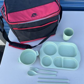 Lot #90 - Red & Black Igloo / Travel Plate + Bowl + Cup + Fork + Knife + Chop Sticks