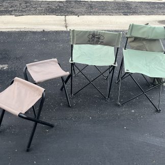Lot #201 - (2) Ford Green Folding Travel Chairs with bag / (2) Tan Folding Stools