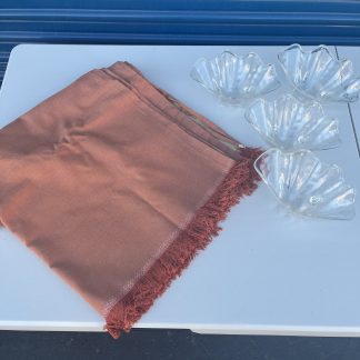 Lot #235 - 6' x 120" Redish Brown Table Cloth with Fringe / 4 Plastic Shell Dishes