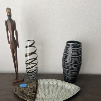 Lot #2 - (2) Glass Painted Vases / (1) Platter / Vintage Wood Carved Knight (damaged hand)