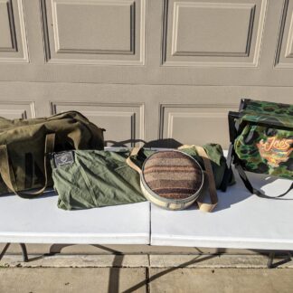 LOT # 63 – VINTAGE ARMY BLANKET, CANTEEN, CAMEL JOE’S SMALL FOLDABLE CHAIR