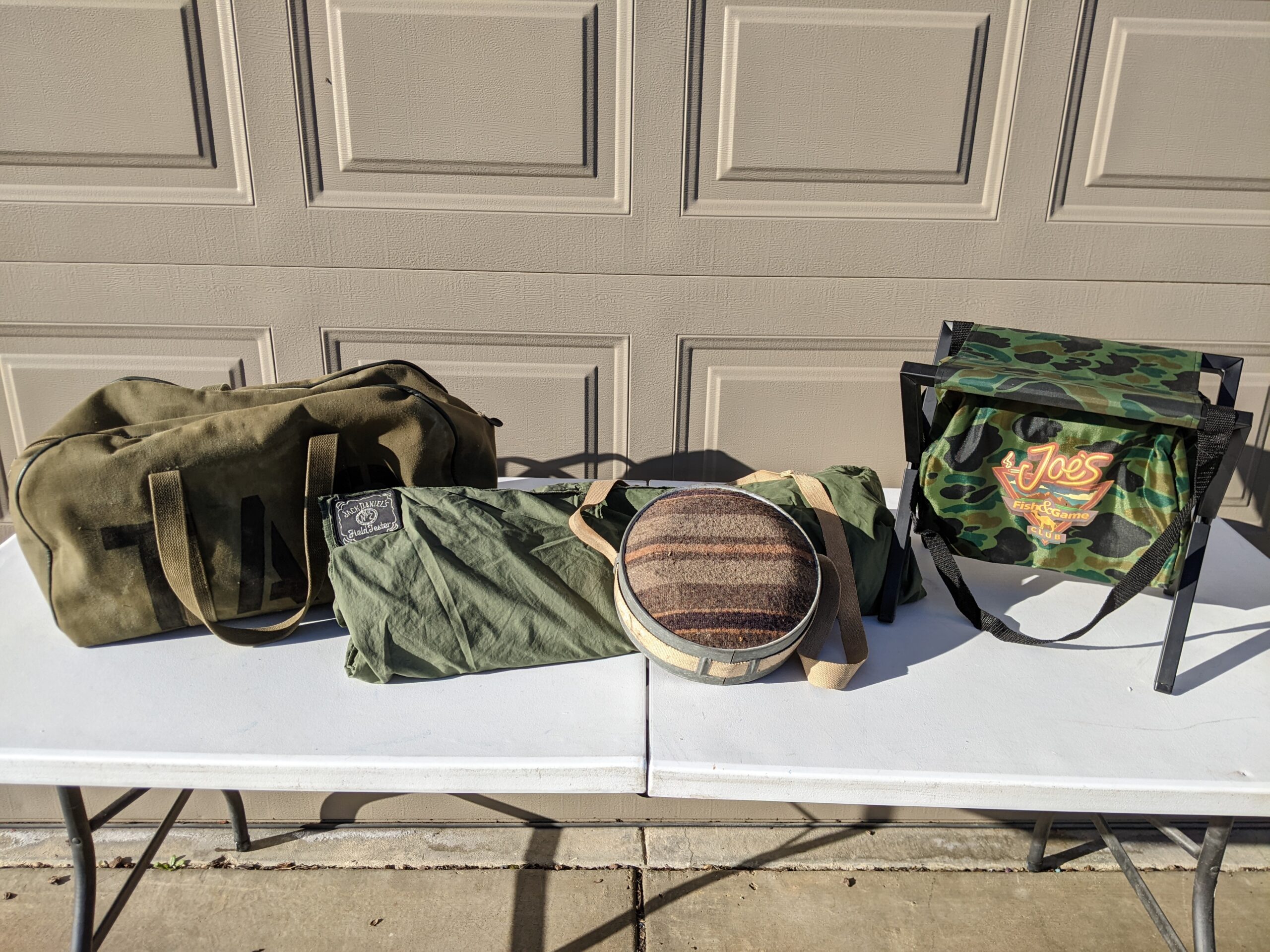 LOT # 63 – VINTAGE ARMY BLANKET, CANTEEN, CAMEL JOE’S SMALL FOLDABLE CHAIR