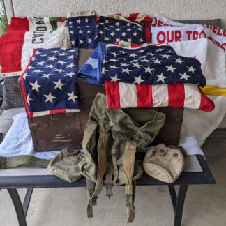 Lot # 10 - Old Army chest with vintage cloth American flags & more