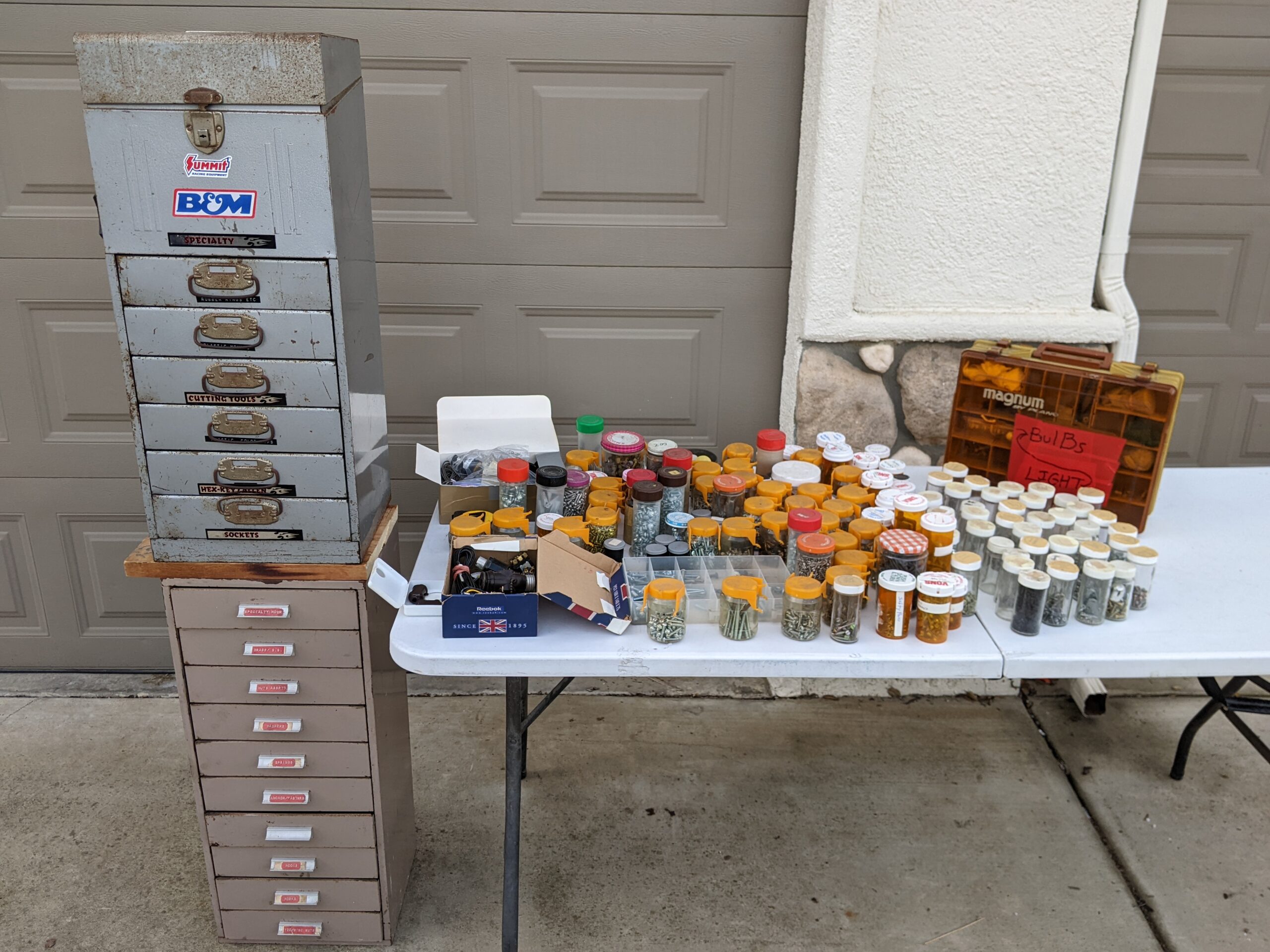 Lot # 23 – Vintage metal File boxes & fishing box. Includes large assortment of hardware, screws, nuts, bolts, hooks, nails & more!