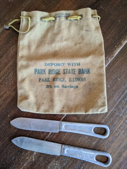 Lot # 57 – Antique U.S Army mess kit knives, antique bank deposit bag