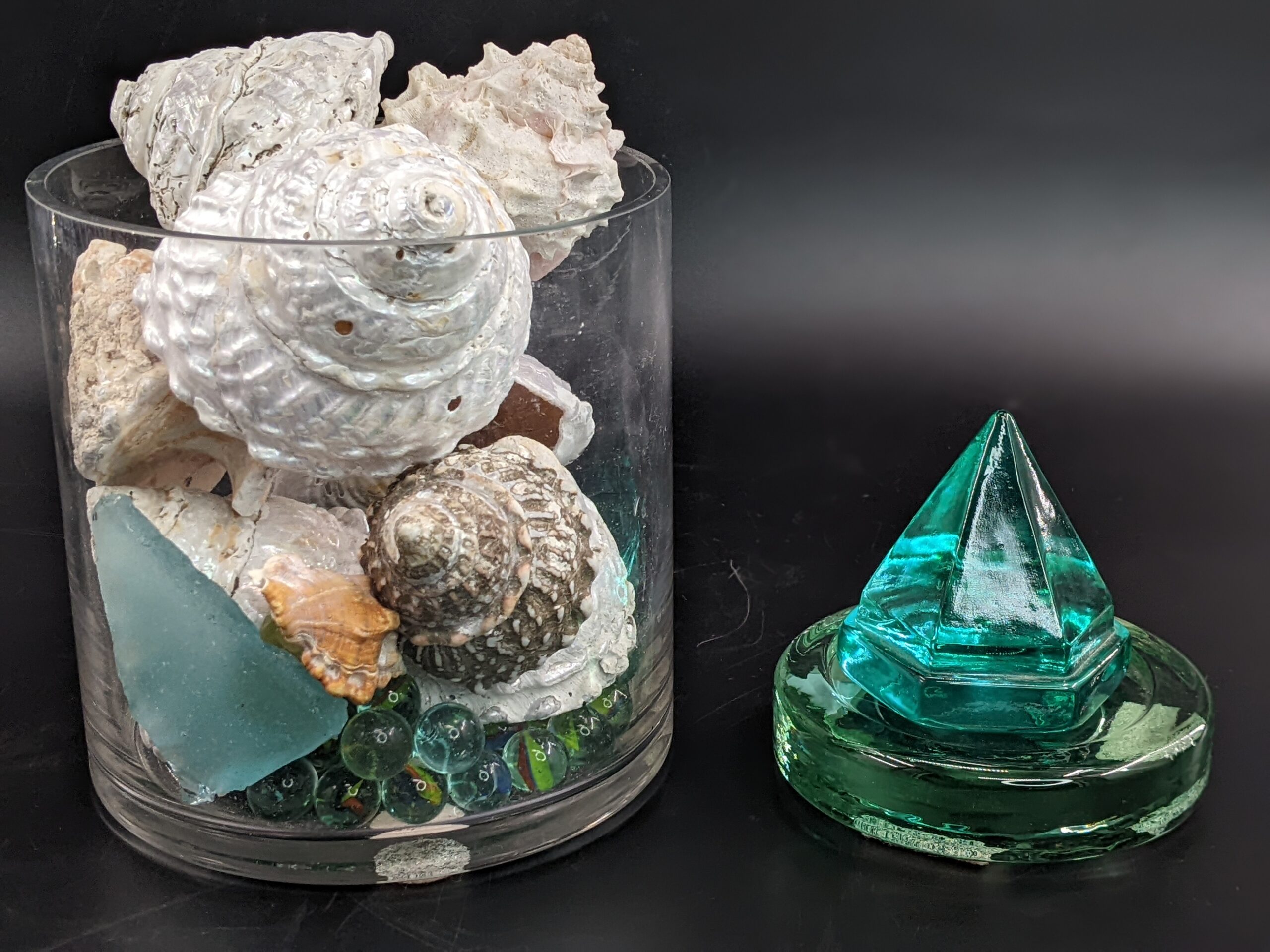 Lot # 68 – Lot of Shells, marbles and Nautical Green Ships Prism Pyramid with glass base