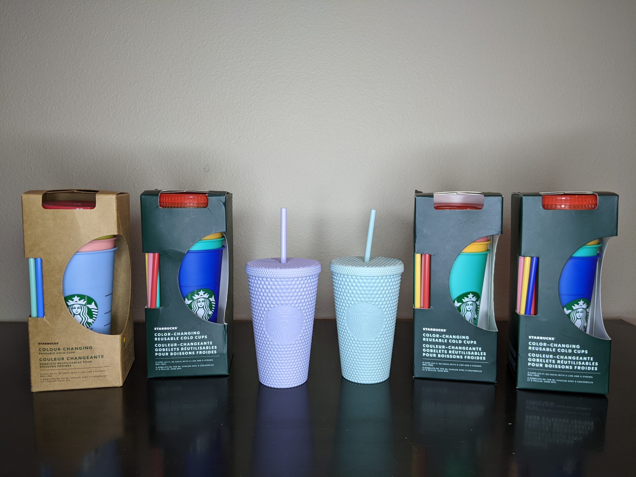 Lot # 77 – Starbucks lot of NEW tumblers (Diamond Studded matte Lavender & Matcha Green) (4 packs of color changing tumblers 5 in each)