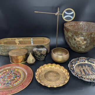 Lot # 114 - Misc Lot - Planter, Pot, Brass items, Egyptian Brass plate, Guadalajara brass and emamel Aztec plate, and more!