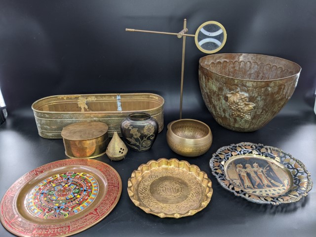 Lot # 114 – Misc Lot – Planter, Pot, Brass items, Egyptian Brass plate, Guadalajara brass and emamel Aztec plate, and more!