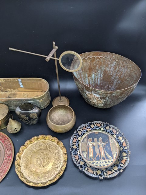 Lot # 114 – Misc Lot – Planter, Pot, Brass items, Egyptian Brass plate, Guadalajara brass and emamel Aztec plate, and more! - Image 2