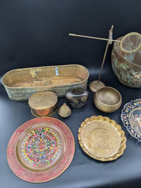 Lot # 114 – Misc Lot – Planter, Pot, Brass items, Egyptian Brass plate, Guadalajara brass and emamel Aztec plate, and more! - Image 3