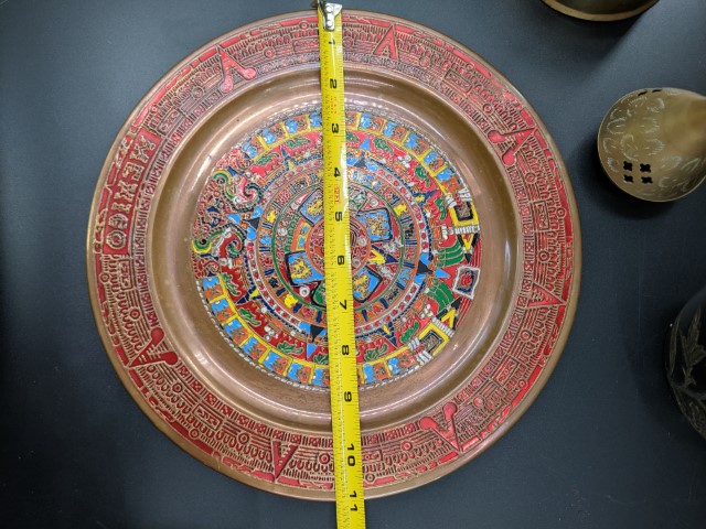 Lot # 114 – Misc Lot – Planter, Pot, Brass items, Egyptian Brass plate, Guadalajara brass and emamel Aztec plate, and more! - Image 4