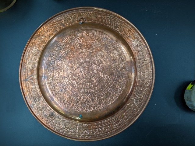 Lot # 114 – Misc Lot – Planter, Pot, Brass items, Egyptian Brass plate, Guadalajara brass and emamel Aztec plate, and more! - Image 5