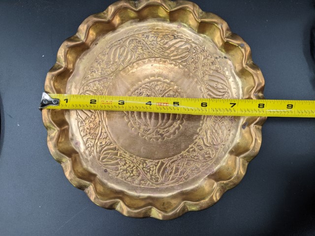 Lot # 114 – Misc Lot – Planter, Pot, Brass items, Egyptian Brass plate, Guadalajara brass and emamel Aztec plate, and more! - Image 6