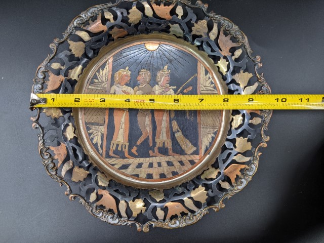 Lot # 114 – Misc Lot – Planter, Pot, Brass items, Egyptian Brass plate, Guadalajara brass and emamel Aztec plate, and more! - Image 8