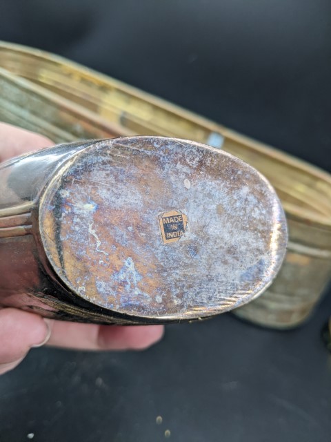 Lot # 114 – Misc Lot – Planter, Pot, Brass items, Egyptian Brass plate, Guadalajara brass and emamel Aztec plate, and more! - Image 13