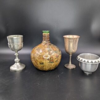 Lot # 115 - Vintage lot - Pewter wine goblet, old world Leather Maps Wine Bottle, silver plated goblet and bowl.