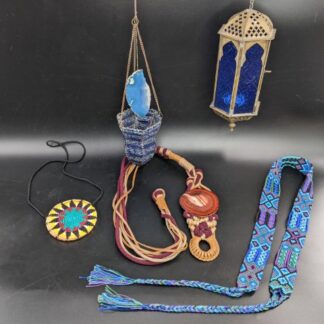 Lot # 116 - Moroccan Brass Hexagon Shaped lantern, beaded tealight holder, Mexican handwoven belt, and more.