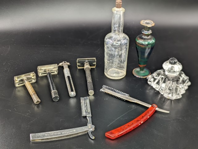 Lot # 117 – Vitage Razors, Vintage perfume bottles and vintage glass bottle.