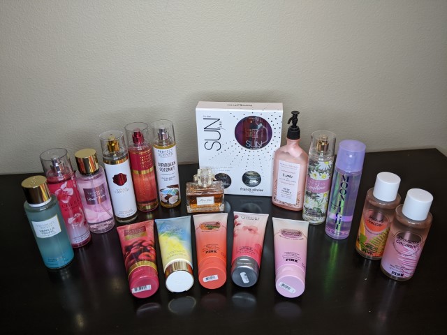Lot # 142 – Perfume lot: Victoria Secret, Pink, Bath and Body, Miss Dior, Sun Java, Ariana Grande and more! (Some new and most barley used.)