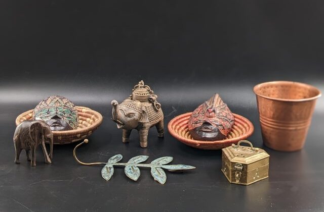 Lot # 146 – Vintage elephant brazier, beautiful handcrafted wooden mask, brass box, copper pot and more!! (8 pieces)