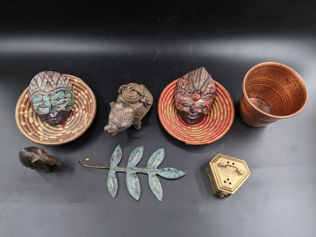 Lot # 146 – Vintage elephant brazier, beautiful handcrafted wooden mask, brass box, copper pot and more!! (8 pieces) - Image 2