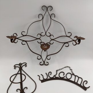 Lot # 166 - Lot of three Rusty yard art Metal decor items - Wall sconce, wall candle holder and welcome sign