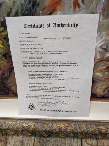 Lot # 8 – Fine Art: “Cala en Mallaorca” By Royo Framed Limited Edition Signed Serigraph w/ Certificate of Authenticity # 17/160 (Large) - Image 15